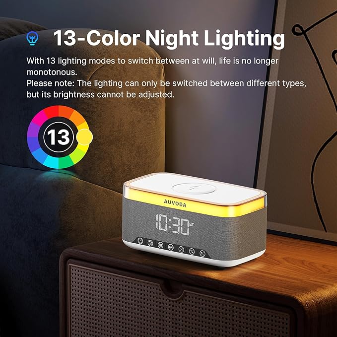 S300 10W Stereo Bluetooth Speaker with 15W Fast Wireless Charging, 13-Color Night Light, Alarm, White Noise, FM Radio, Portable, TWS, BT5.3, for PC, Smartphone, Home, Office & Bedroom (White)