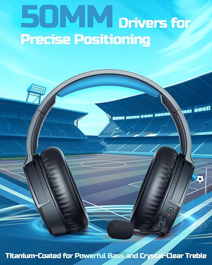 BINNUNE Wireless Gaming Headset — 2.4GHz Low-Latency USB Dongle + Bluetooth, 50mm Drivers 7.1 Surround, Noise-Cancelling Mic, 40H Battery — Over Ear Wireless Headphones for PS5, PC, Laptop, Blue