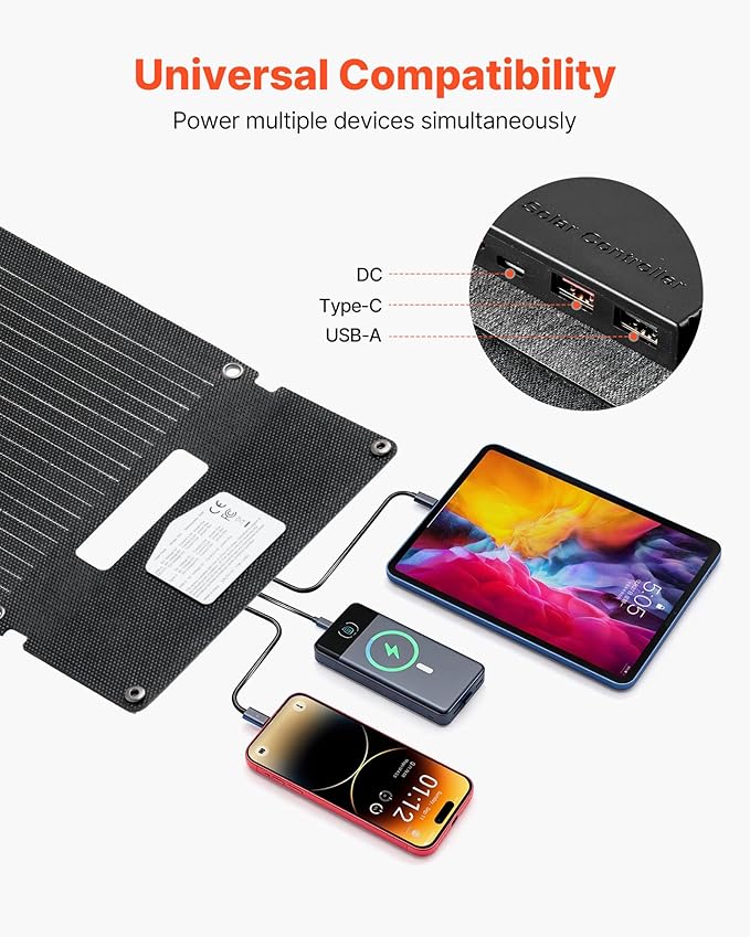 VEVOR 30W Foldable Solar Panel Charger, 16BB N-Type Monocrystalline Solar Panel 24% Efficiency, Ultra-Light Portable with USB-A, USB-A (QC3.0) & Type-C Ports for Camping, Backpacking, Phones, Tablets