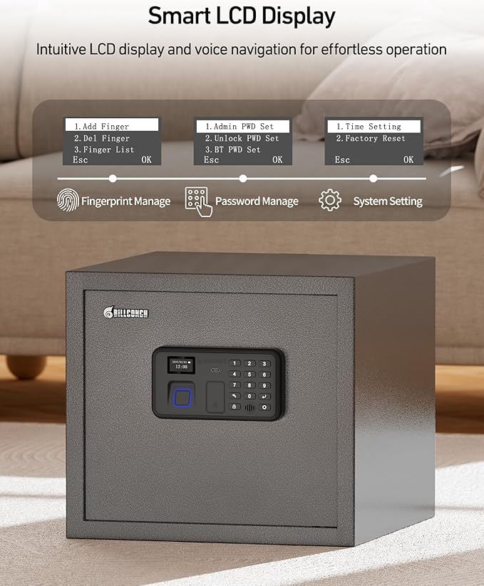 BILLCONCH Gun Safe with 6 Pistol Holders - Biometric, Key & App Unlock, Black Iron Safe with LCD Display & Voice Prompt, Removable Shelf & Foldable Gun Racks (1.4 Cubic Feet)
