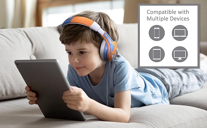 eKids Blippi Kids Headphones with 3.5mm Jack, Wired Headphones with Adjustable Headband and Volume Control, Earphones for School, Home, or Travel (Blippi)