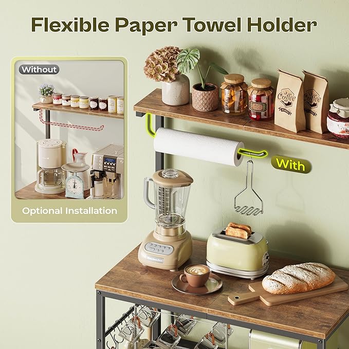 Huuger 4-Tier Bakers Rack with Reversible Power Outlet, 23.6 Inch Microwave Stand with Paper Towel Holder, Kitchen Bar, Larger Storage with Top Shelf, 6 S Hooks, Rustic Brown