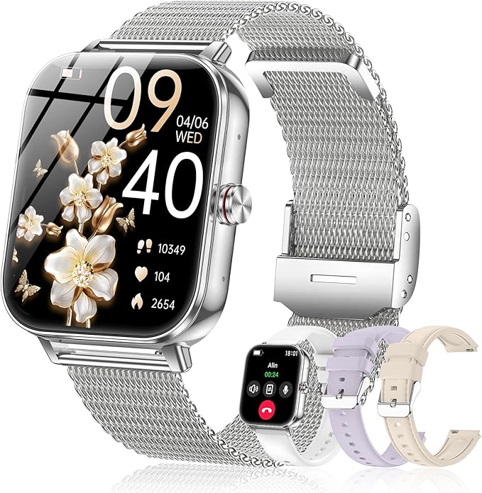 Smart Watches for Women,1.85'' HD Smartwatch with 30 Day+Battery Life Make/Answer Calls,Heart Rate/SpO2/Sleep Monitor, 120+ Sports IP68 Fitness Tracker for Android iOS(1000mAh,4 Bands,Silver)