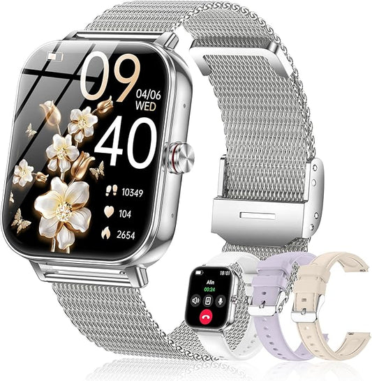 Smart Watches for Women,1.85'' HD Smartwatch with 30 Day+Battery Life Make/Answer Calls,Heart Rate/SpO2/Sleep Monitor, 120+ Sports IP68 Fitness Tracker for Android iOS(1000mAh,4 Bands,Silver)