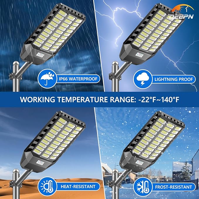 Deepn Solar Street Light, Commercial Grade Solar Lights Outdoor IP67 Waterproof, 8700W LED Flood Security Lights Motion Sensor & Dusk to Dawn Outdoor Lighting for Parking Lots, Streets & Yard, 2 Pack