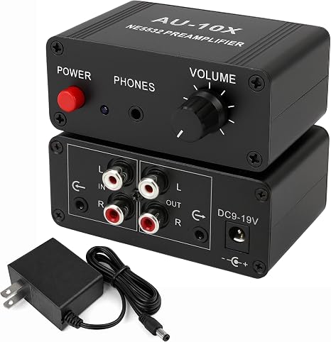12V RCA Preamplifier, Audio Phono Preamp with Power Adapter, Mini Stereo Headphone Signal Home Amplifier, Gain 20dB for Turntable Pre amp Dual OP AMP AUX10X NE5532, RCA Input to 3.5mm Output