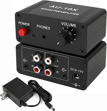 12V RCA Preamplifier, Audio Phono Preamp with Power Adapter, Mini Stereo Headphone Signal Home Amplifier, Gain 20dB for Turntable Pre amp Dual OP AMP AUX10X NE5532, RCA Input to 3.5mm Output