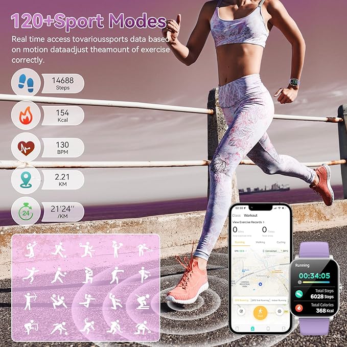 Smart Watch for Men Women, 120+ Sports Modes, Bluetooth Calls/Messages, 1.85" HD Touch Screen, IP68 Waterpro of Fitness Tracker with Heart Rate/Sleep Monitor, Compatible with Android/iOS (Purple)