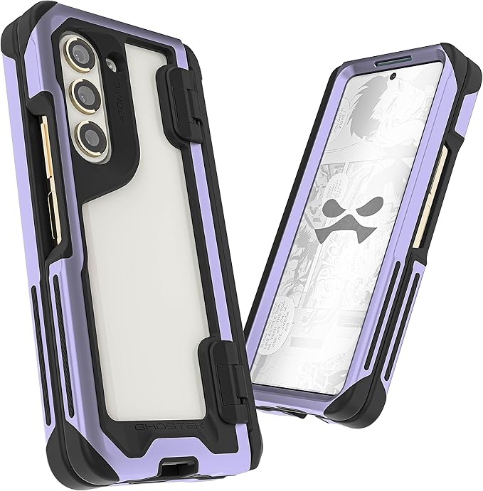 Ghostek ATOMIC slim Samsung Galaxy Fold 5 Case Crystal Clear Back with Aluminum Metal Bumper Premium Rugged Tough Heavy Duty Shockproof Protection Phone Cover Designed for 2023 Z Fold5 (7.6") (Purple)