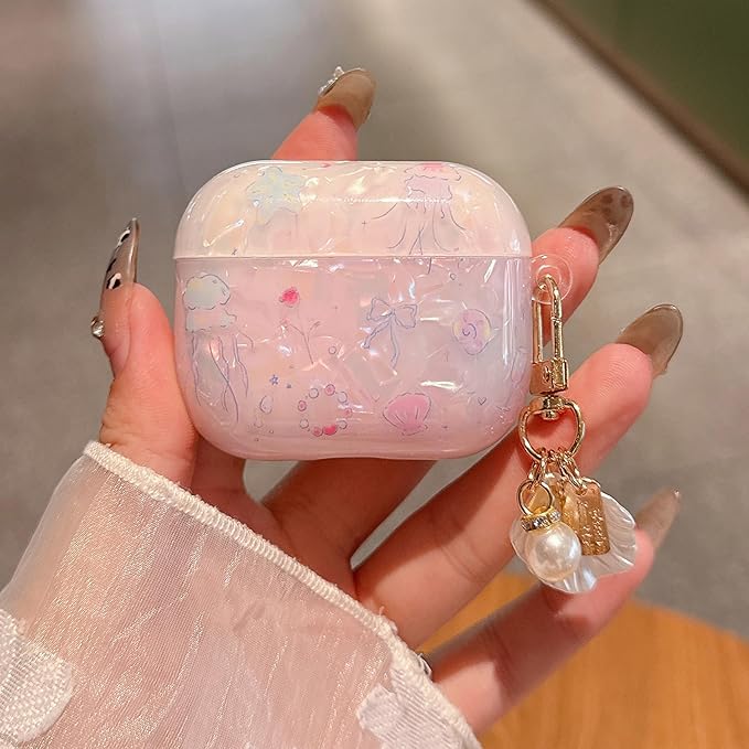 for AirPod 4 Case Cute Shell Pearl Ocean Design for Women Girls TPU Protective Cover with Keychain Compatible for AirPods 4th Generation (Glitter Jellyfish)