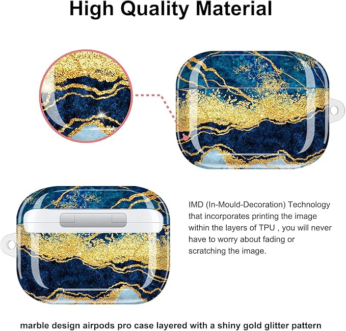 JIAXIUFEN Compatible with AirPods Pro Case Cover Gold Sparkle Glitter Marble Design Cute Full Protective Silicone TPU Skin Accessories for Women Girl Dark Blue