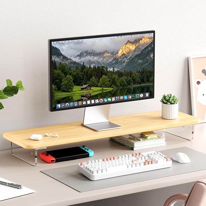 Monitor Stand Riser, Bamboo & Acrylic Computer Monitor Stand with LED Light, 31.5 inch Large Monitor Stand for Desk, Desktop Organizer Stand for Computer, Laptop, Printer, PC & TV Screen Riser