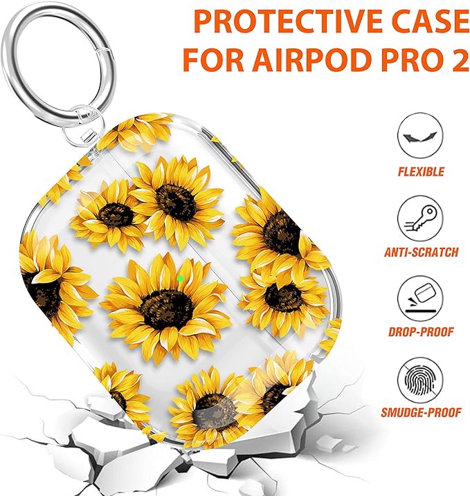 Maxjoy for AirPods Pro 2nd Generation Case, Clear AirPods Pro 2 Case for Women Men Cute Protective AirPod Pro 2 Cover with Keychain Strap for AirPod Pro 2nd Gen Cover 2023/2022, Sunflower