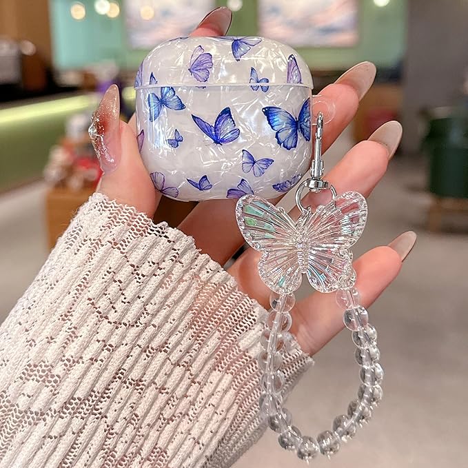 for Airpod 4 Case Cute White Marble Hard Protective Cover with Keychain Compatible with AirPods 4th Generation Case 2024 for Girls Women (Bluish-Purple Butterfly)