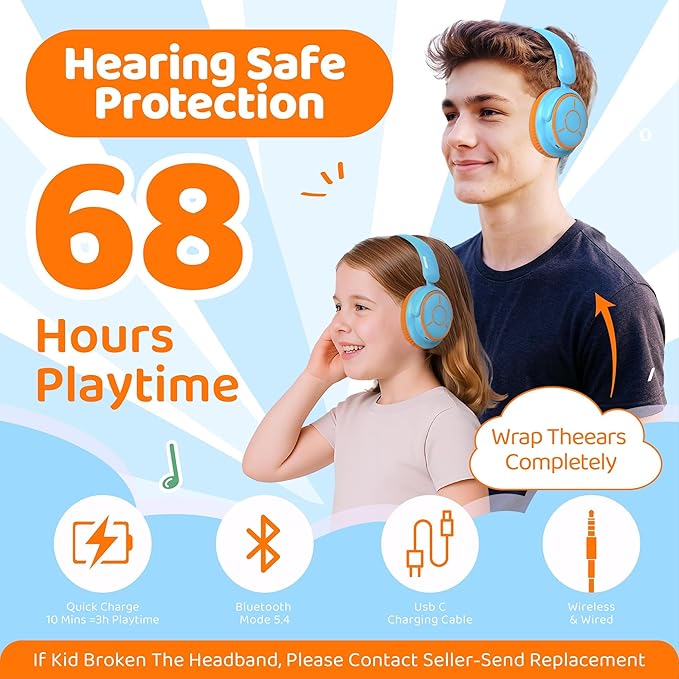 MIDOLA Kids Headphones Bluetooth 5.4 Wireless Volume Limited 85/94dB Hearing Protection Over Ear 68 Hours Playtime Foldable Lightweight Headset Built-in Mic for Toddler Child Travel School Sky Blue