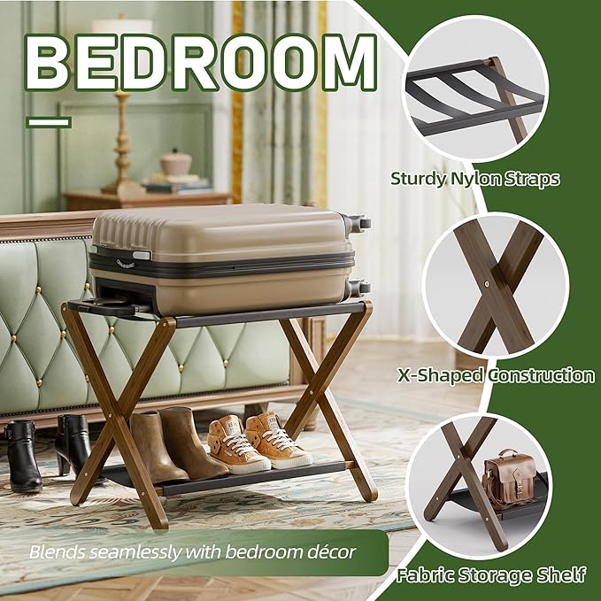Luggage Rack, Set of 2, Folding Suitcase Stand with Storage Shelf, Premium Bamboo Luggage Holder for Guest Room, Bedroom, Hotel, Closet, Holds up to 135 lb (Walnut)