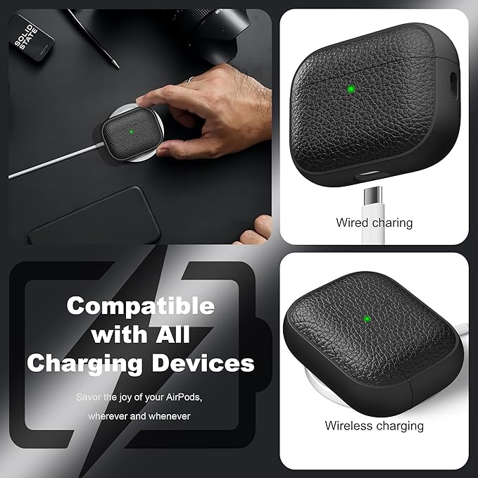 R-fun for AirPods Pro 3 Case 2025, Soft TPU (Leather-Like Design) Drop Protection Cover for Men and Women with Lanyard and Cleaner Kit, Compatible with Apple AirPods Pro 3rd Generation-Black