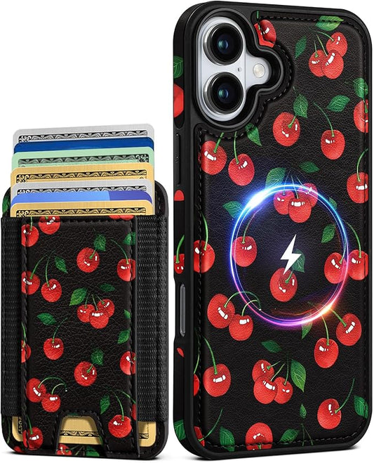 Shorogyt for iPhone 17 Wallet Case - Fits 5 Cards, Compatible with Magsafe Detachable Magnetic Credit Card Holder Leather Cardholder Cute Phone Cover Women Girls for Apple 17, Cherry