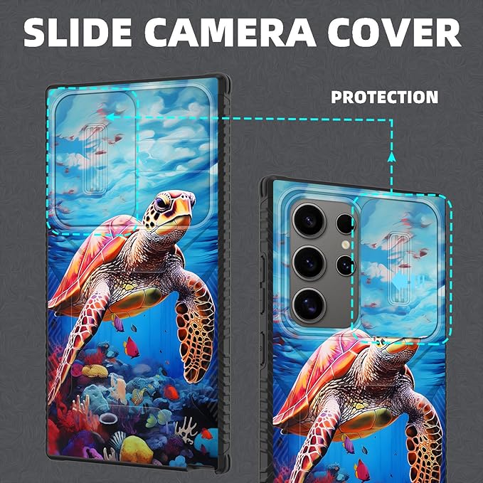 for Galaxy S26 Ultra Case Built in Slide Camera Lens Cover,Heavy Duty Shockproof Protection Dual Layer Case for Samsung Galaxy S26 Ultra 6.9" 2026,Sea Turtle Swimming Underwater