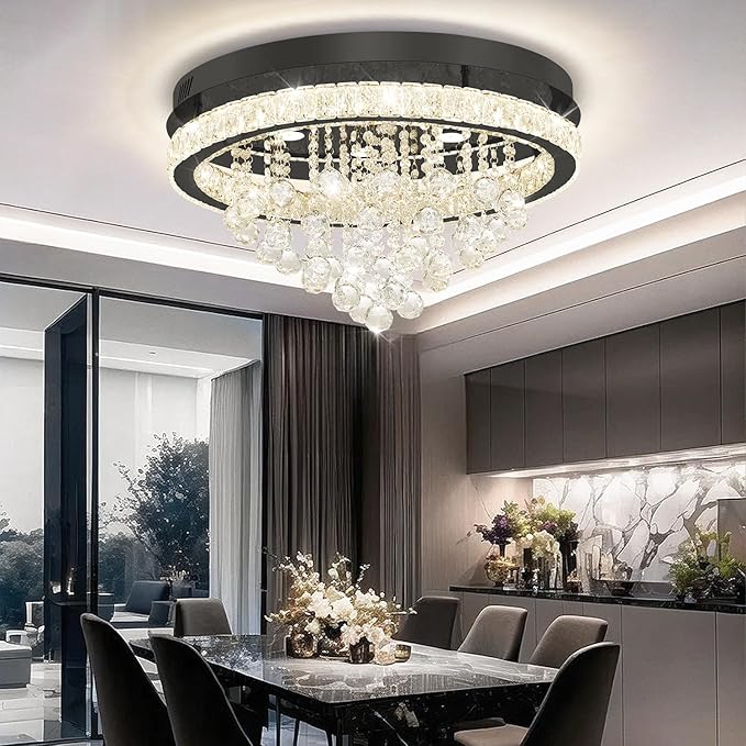 Dia 24" Modern Crystal Chandeliers for Dining Room,Black Raindrop Chandelier Flush Mount Chandeliers for Living Room Bedrooms Dining Room Dimmable 2700k 4500k 6000k