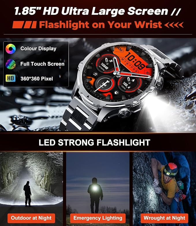 Smart Watches for Men(Answer/Make Calls) with LED Flashlight, 1.85"HD Screen Outdoor Sports Smartwatch ,800mAh Battery,Heart Rate/Sleep Monitor 5ATM Waterproof Fitness Tracker for Android iOS,Sliver