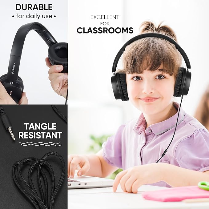 Kids Headphones Bulk 5 Pack for School, HD Mic Stereo Sound Over-Ear Headphones for Classroom, Comfortable Fit, Foldable, 3.5mm Jack Wired Headphones for Kids ipad Tablets Computer Travel