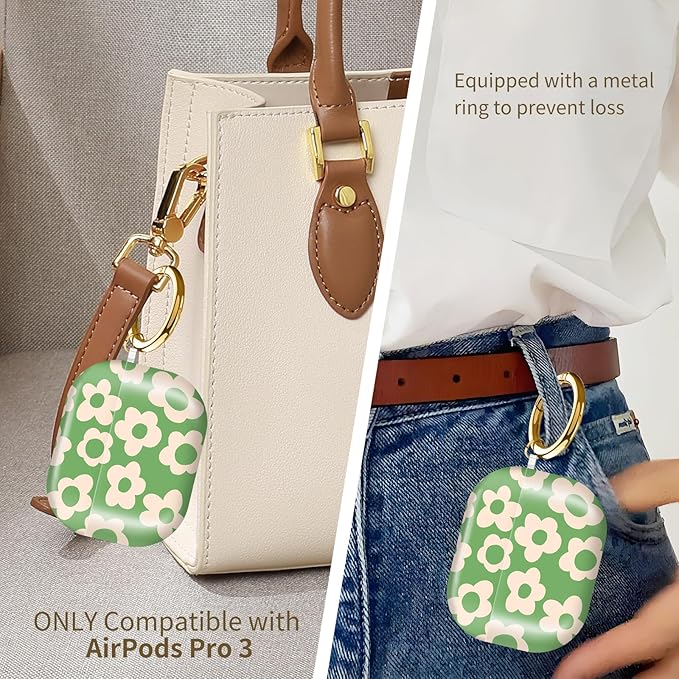 Compatible with AirPods Pro 3 (2025) Case, Airpod Pro 3 Protective Cover with Cute Golden Keychain for Girls & Women (Green Groovy Flower)