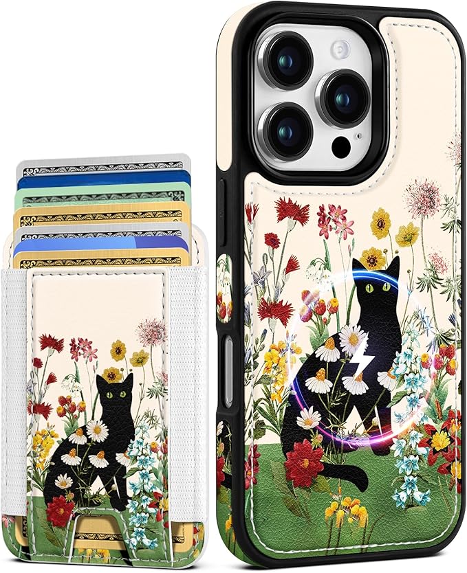 Shorogyt for iPhone 16 Pro Max Case Wallet - Fits 5 Cards, Compatible with Magsafe Detachable Magnetic Credit Card Holder Leather Cardholder Cute Phone Cover Women Girls for Apple 16 ProMax, Cat
