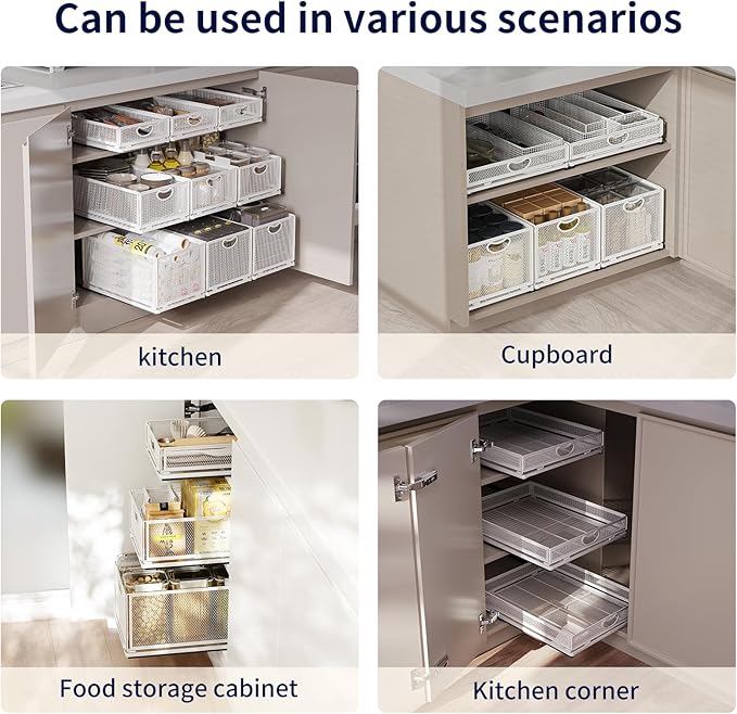 Pull Out Cabinet Organizer, No Drill Adhesive Sliding Drawers for Kitchen, Metal Mesh Wire Storage Shelf for Pantry & Under Sink, White (9.6" W x 15.7" D x 3.9" H)