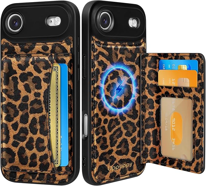for iPhone 17 Air Case with Wallet - Fits 4 Card Slots, Compatible with MagSafe for Women Aesthetic Durable PU Leather Credit Card Holder Kickstand Phone Cover for Apple 17 Air, Leopard Print
