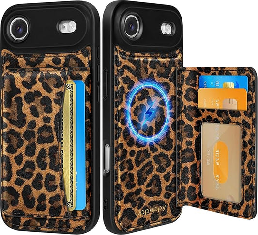 for iPhone 17 Air Case with Wallet - Fits 4 Card Slots, Compatible with MagSafe for Women Aesthetic Durable PU Leather Credit Card Holder Kickstand Phone Cover for Apple 17 Air, Leopard Print