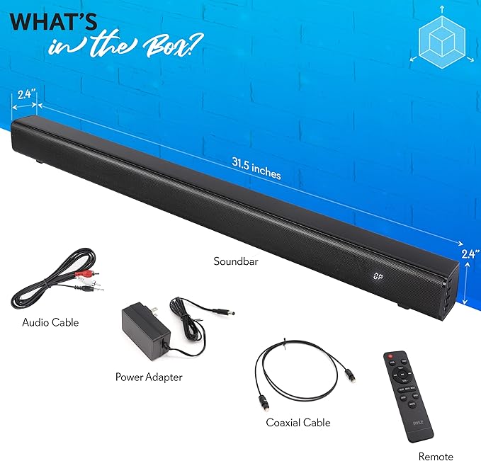 Pyle TV Speaker - Quality Audio Soundbar with Bluetooth, Support 4K & HDMI TVs, Wall Mountable, 32" w/Remote Control, Coaxial & RCA Cables, Class D Stereo Power Digital Amplifier - PSBV30BT