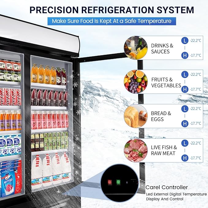 49 Cu.Ft Commercial Refrigerator, 54" Display Merchandiser, 2 Glass Door Reach-in Upright Beverage, Black Upright Fridge Cooler with LED Lighting for Restaurant Kitchen, Black