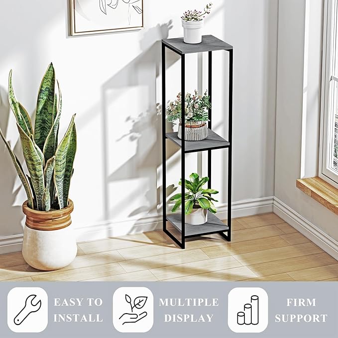 46" Tall Plant Stand Indoor, 3-Tier Modern Plant Shelf, Corner Flower Pot Holder Organizer for Living Room Balcony Patio Garden (Oak Grey)