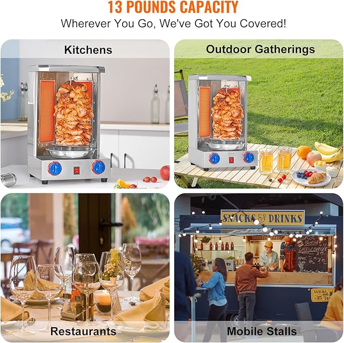 VEVOR Shawarma Grill Machine, 13 lbs Capacity, Chicken Shawarma Cooker Machine with 2 Burners, Gas Vertical Broiler Gyro Rotisserie Oven Doner Kebab Machine, for Home Restaurant Kitchen Parties