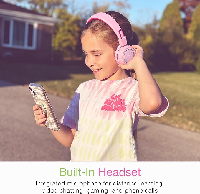 MEE audio KidJamz KJ55BT Personalized Bluetooth Wireless Safe Listening Headphones for Kids w/Custom LED-Backlit Design, Volume Limiter, Mic; Kids Headset for School/iPhone/iPad/Tablet (Pink)
