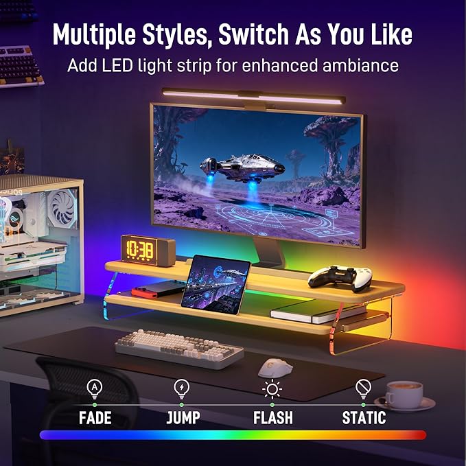 Monitor Stand Riser, Bamboo & Acrylic 2 Tier Computer Monitor Stand with LED Light, 31.5 inch Large Desktop Organizer for Desk, Stand for Computer, Laptop, Printer, PC & TV Screen Riser