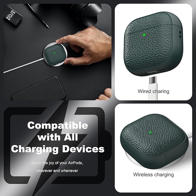 R-fun for Airpods 4 Case, Soft TPU (Leather-Like Design) Drop Protection Cover for Men and Women with Lanyard and Cleaner Kit, Compatible with Apple Latest Airpods 4th Gen(USB-C)(2024)-Green