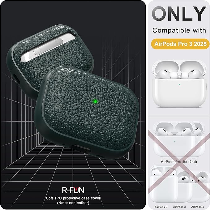 R-fun for AirPods Pro 3 Case 2025, Soft TPU (Leather-Like Design) Drop Protection Cover for Men and Women with Lanyard and Cleaner Kit, Compatible with Apple AirPods Pro 3rd Generation-Green