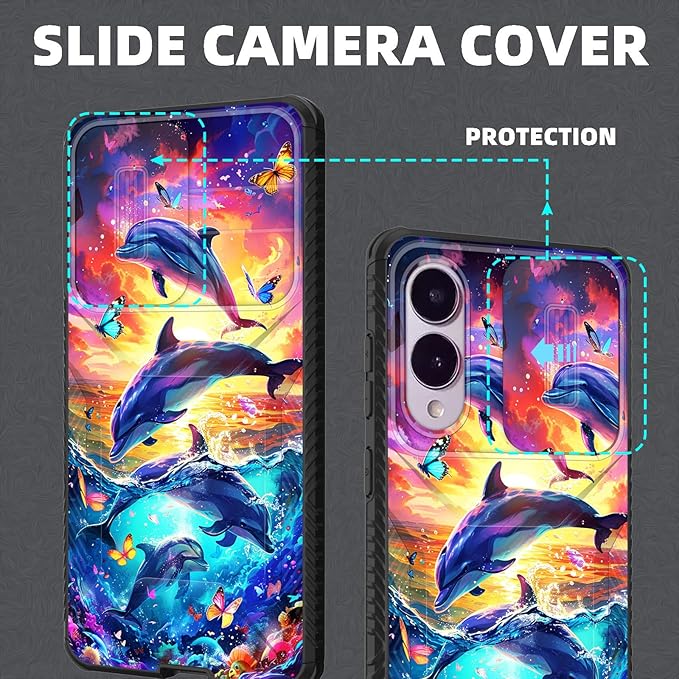for Galaxy S25 Edge Case Built in Slide Camera Lens Cover,Heavy Duty Shockproof Protection Dual Layer Case for Samsung Galaxy S25 Edge 2025,Dolphins and Butterflies