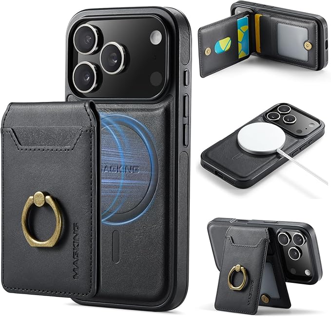 Wallet Case for iPhone 17 Pro, 2 in 1 Strong Magnetic Detachable, Shockproof Phone Case Compatible with MagSafe, Slim Leather Wallet RFID Blocking 5-Card Holder Ring Grip Stand (Black)