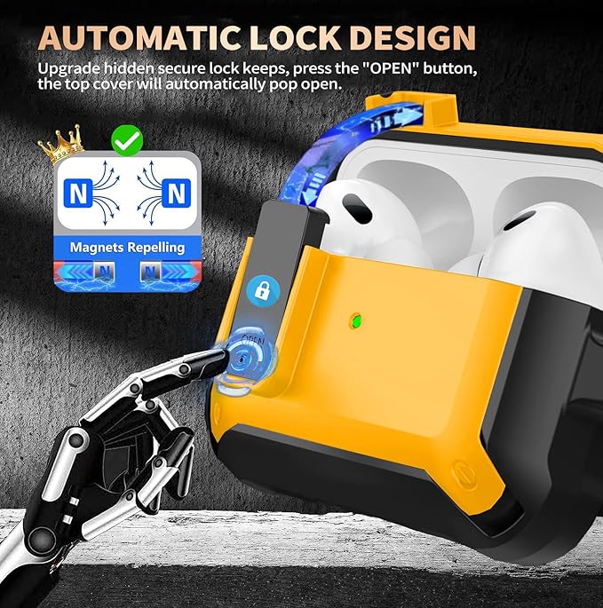 for Airpods Pro 3 Case with Magnetic Automatic Lock, Rugged Apple Airpods Pro 3rd Generation Cover 2025, Armor Shockproof iPod Pro3 Gen Protective Shell with Carabiner&Cleaner kit,Black/Yellow