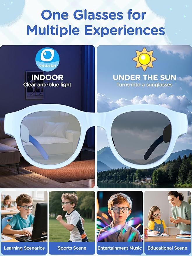 Kids Smart Glasses: UV400 Blue Light Glasses - Built-in Mic & Open Ear Bluetooth Speakers - 7-color RGB Light Strip - Voice & Touch Control - Works with iOS/Android for Kids 6-12 Gifts