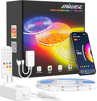 MIWISE RGB COB LED Strip Light 9.84ft/3m,Color Changing Dimmable Strip Light DC24V,Compatible with Alexa/Google Assistant/Tuya Multicolor Flexible Tape Light,for TV,Bedroom,Party DIY Decoration