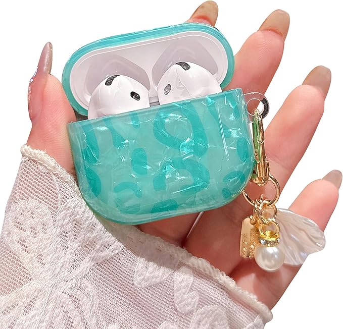 for Airpod 4 Cute Case with Shell Pearl Keychain Luxury Aesthetic Leopard Hard Protective Cover Compatible with AirPods 4th Generation Case 2024 for Girls Women (Turquoise Blue)