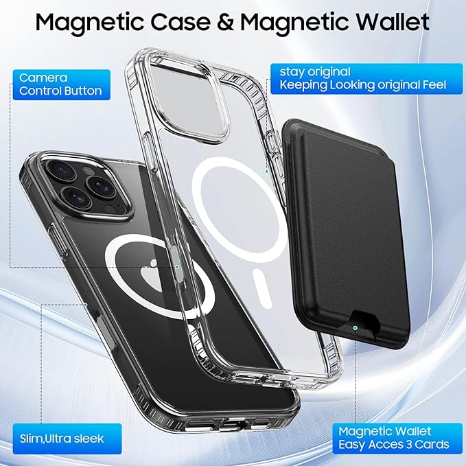 Magnetic for iPhone 16 Pro Clear Case with Black Detachable Wallet, Compatible with MagSafe, Credit Card Holder with Slim Shockproof Protective Phone Cover