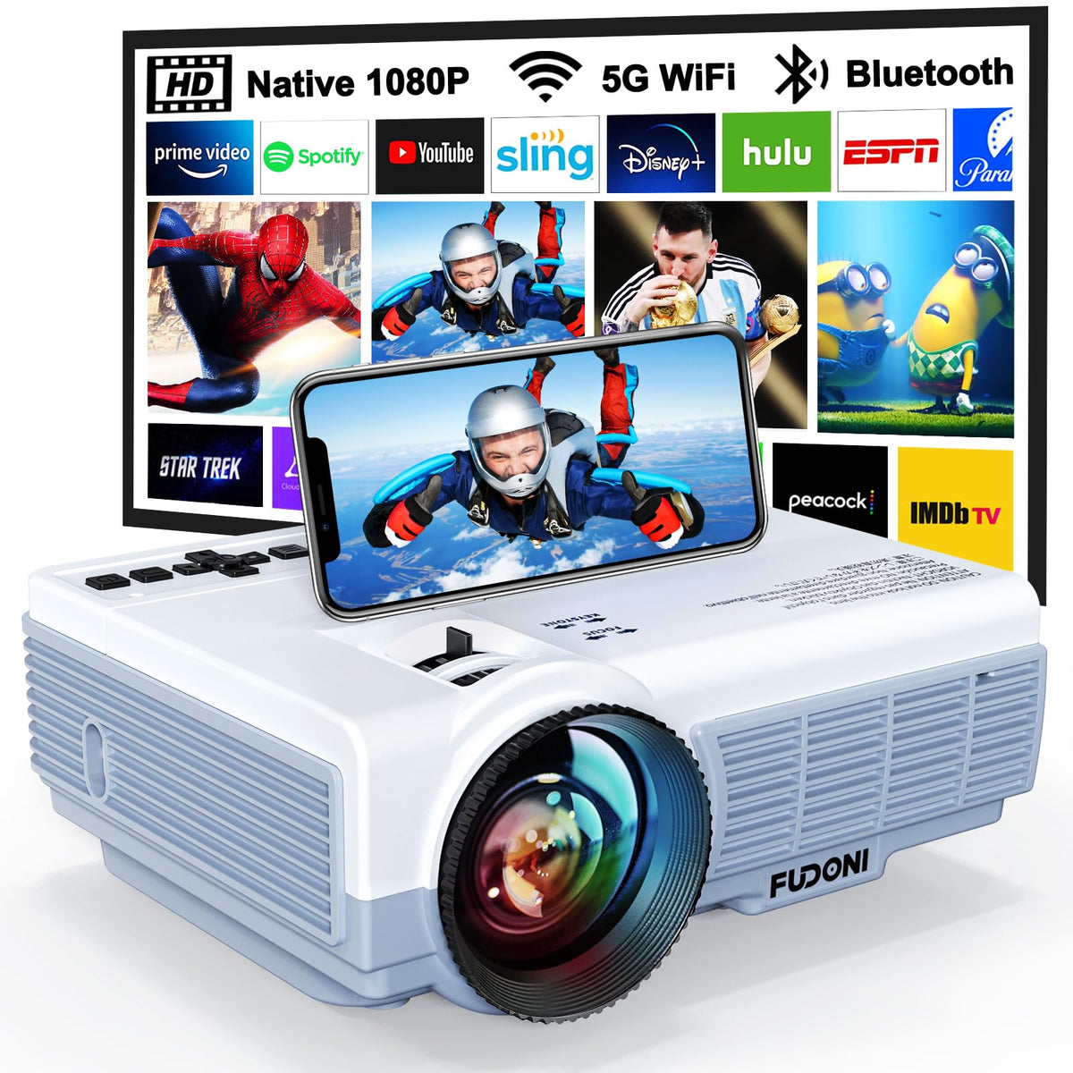FUDONI Projector with 5G WiFi & Bluetooth, Native 1080P 18000L Portable