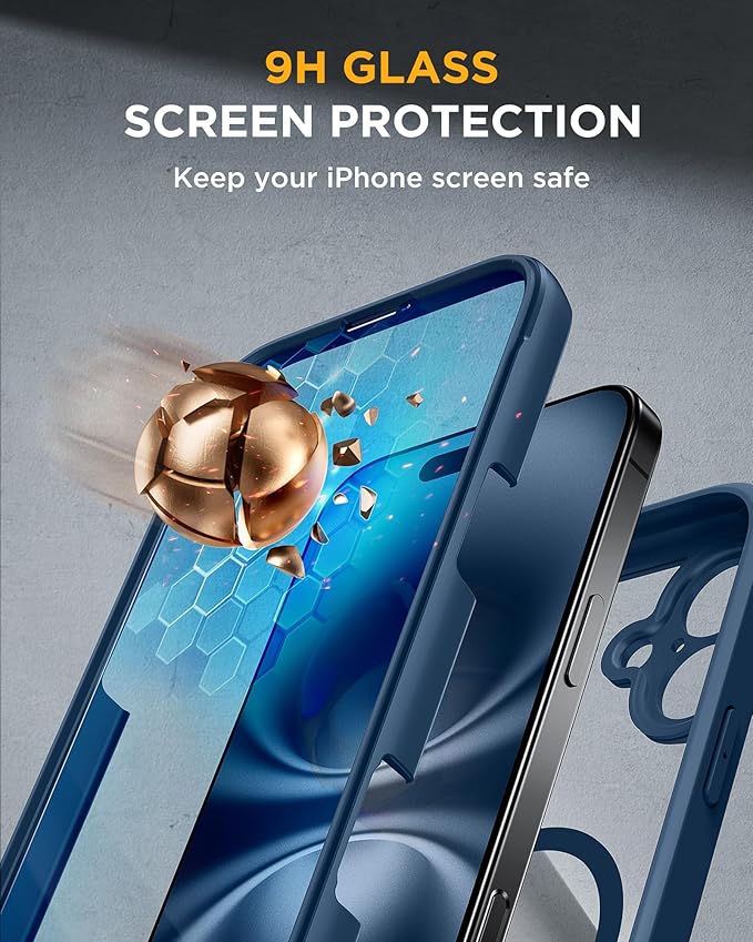 Miracase Magnetic for iPhone 16 Plus Case Full-Body Phone with Built-in Glass Screen Protector, [Compatible with MagSafe] Military Drop Proof 16 Plus Cover Bumper, Storm Blue