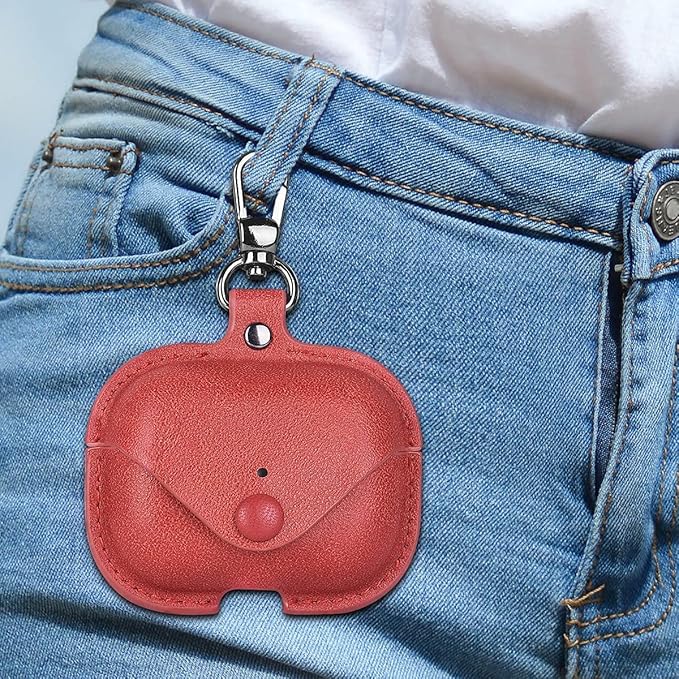 Genuine Leather Case Compatible with AirPods Pro Case 2nd/1st Gen (2023/2022/2019), VOMA Protective Cover for Apple AirPods Pro 2/Pro Wireless Charging Case with Keychain and Snap Lock Red