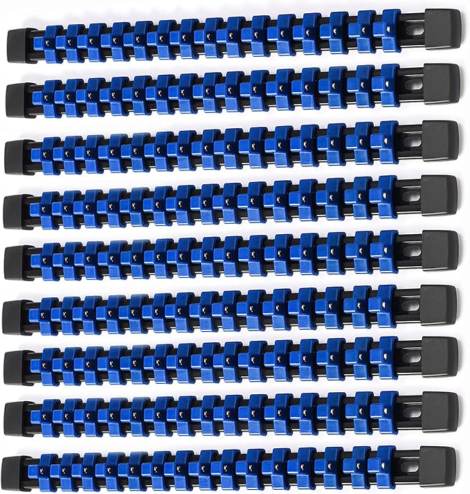ALOANES 9PC ABS Socket Organizer, Socket Rails Fit 3/8 inch Drive, Heavy Duty Socket Holders Hold up to 135 Sockets, Black Rails with Blue Clips